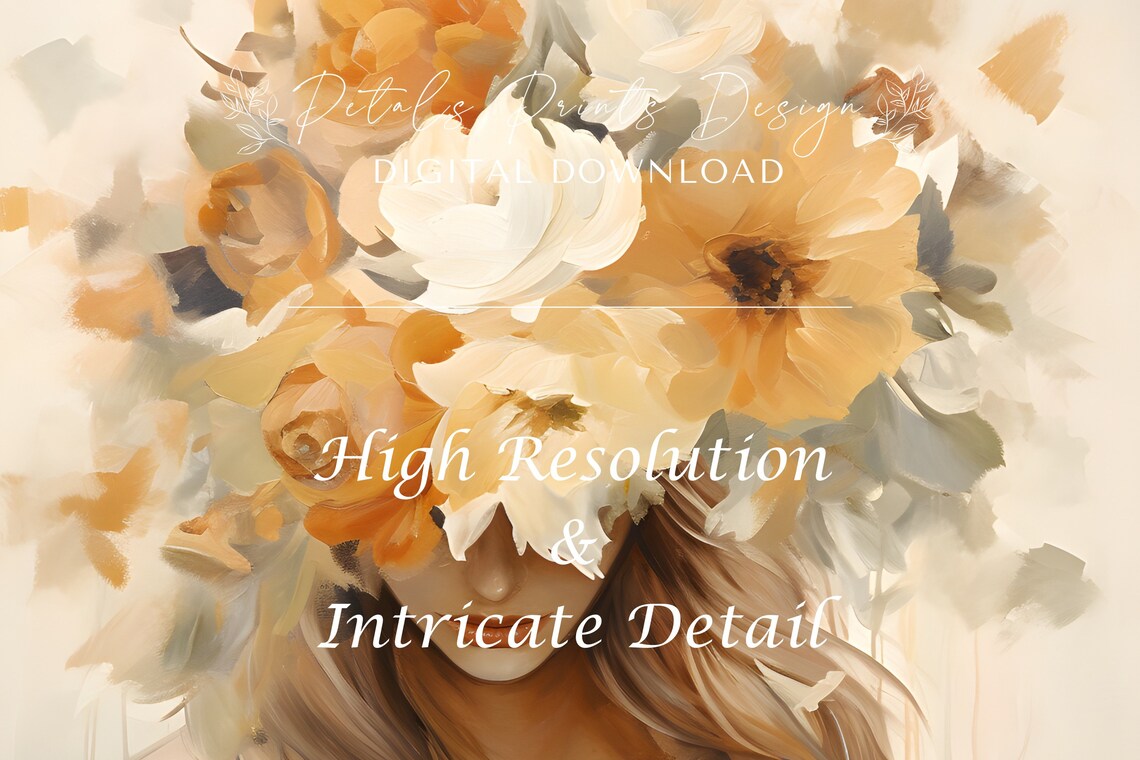 Woman Portrait with Golden Flower Bouquet Over Eyes Floral Art Poster - Image 3