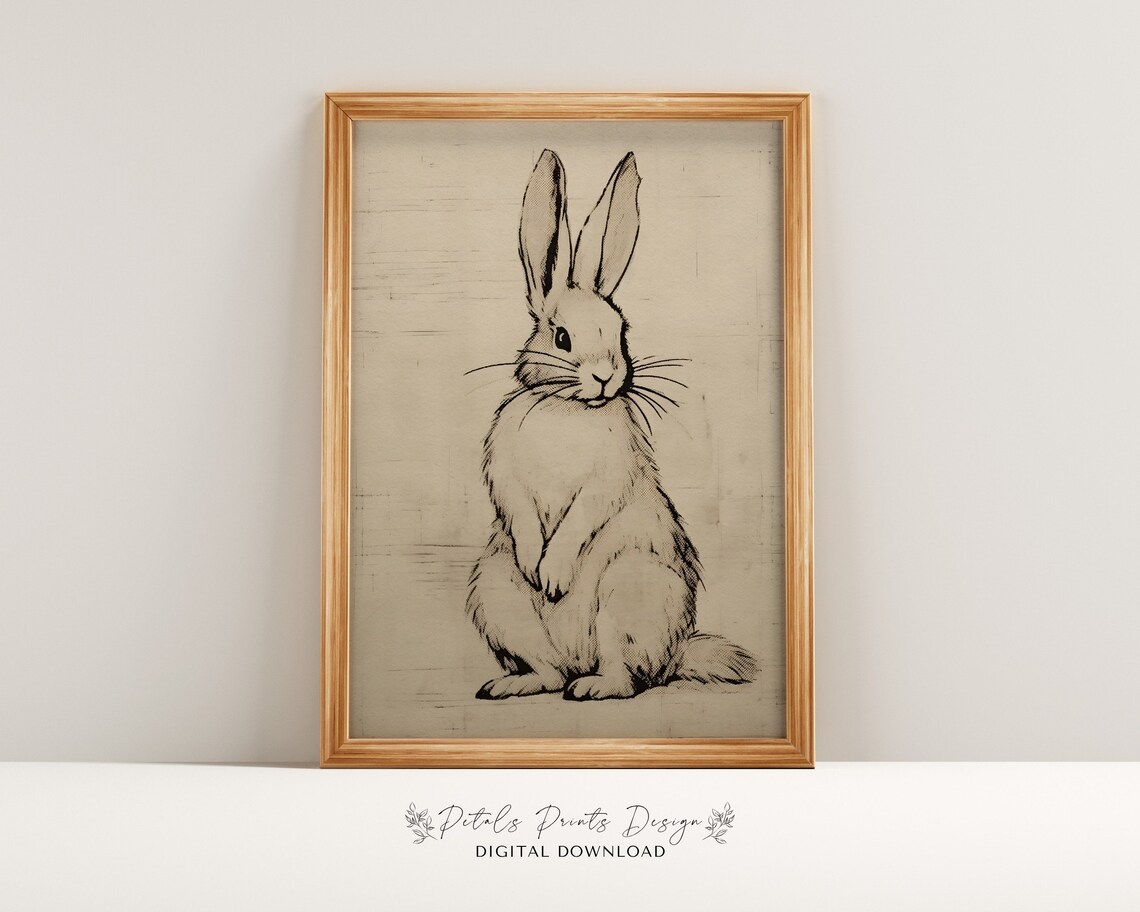 Vintage Rabbit Muted Green Wall Art Print