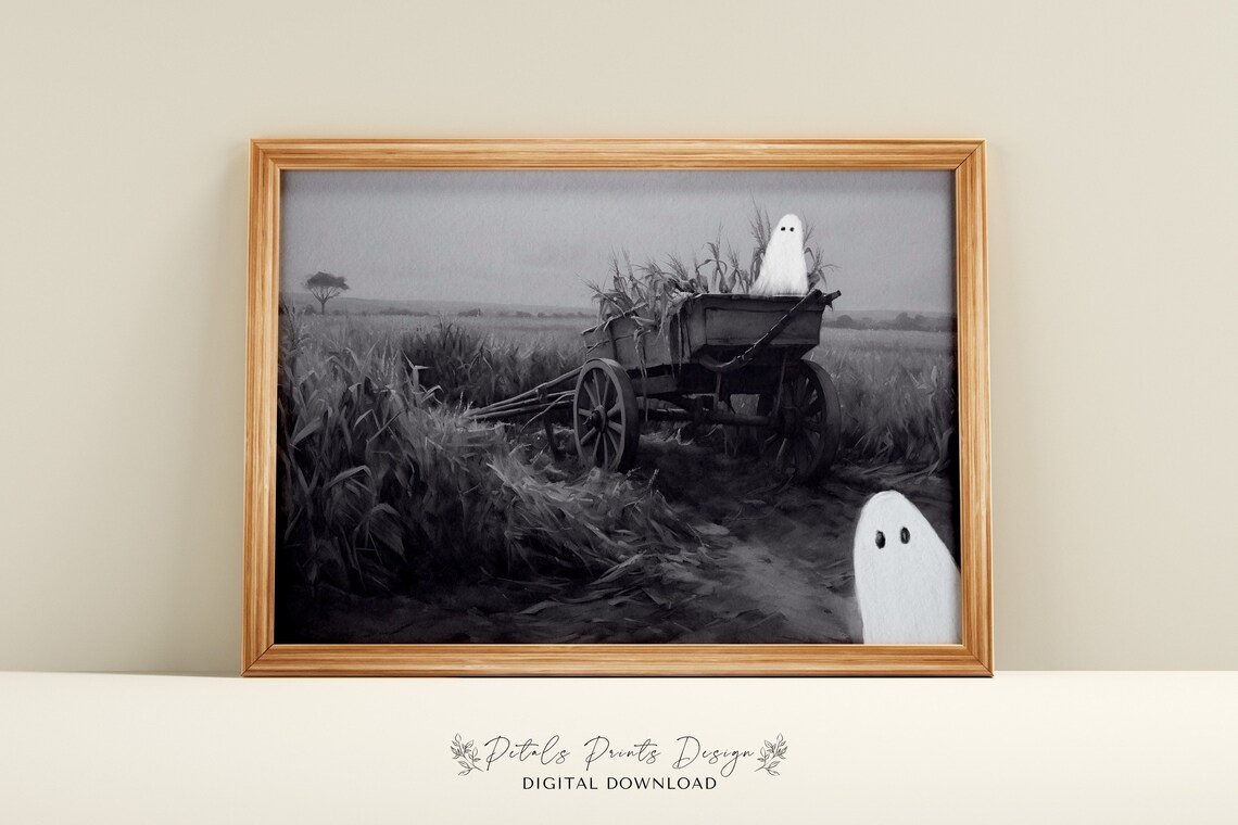 Vintage Halloween Ghosts Art Print Spooky Field Scene