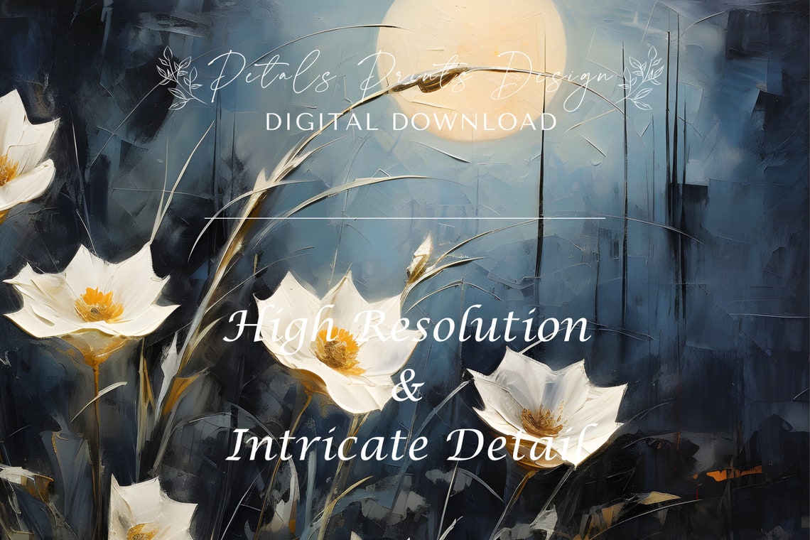 White Flowers Blooming at Night Under a Glowing Full Moon Poster - Image 3