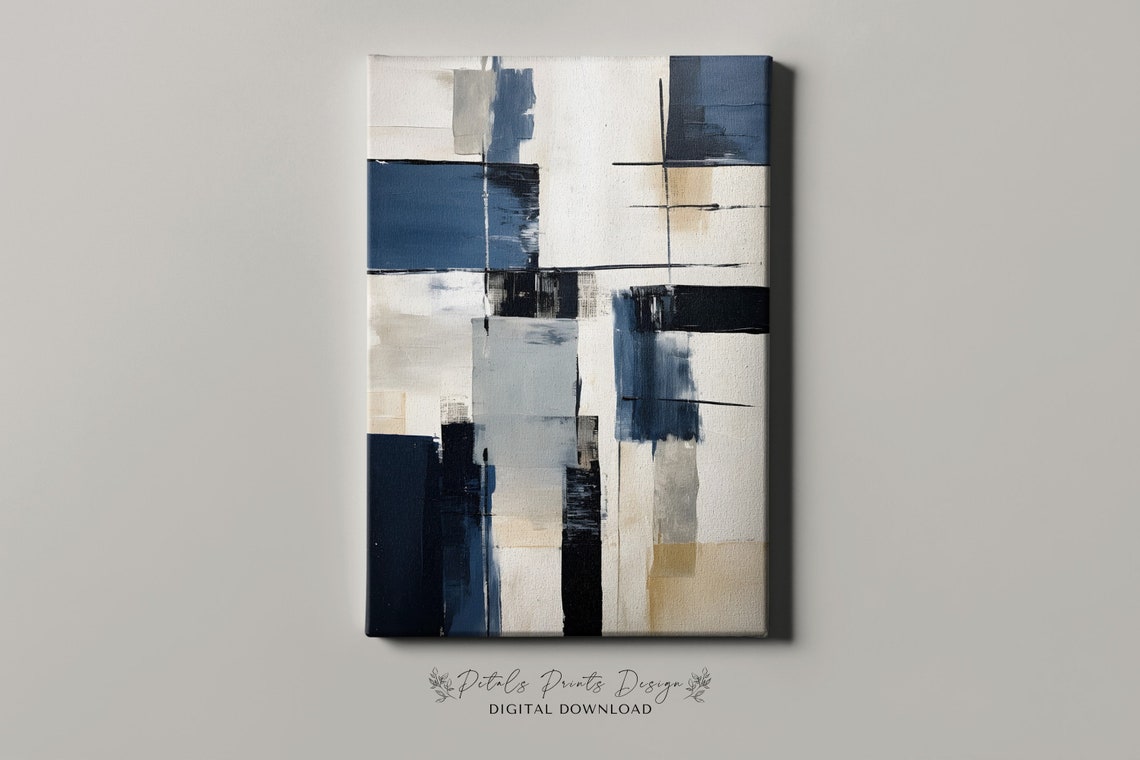 Black Navy Cream Geometric Blocks Vertical Modern Art Poster - Image 4