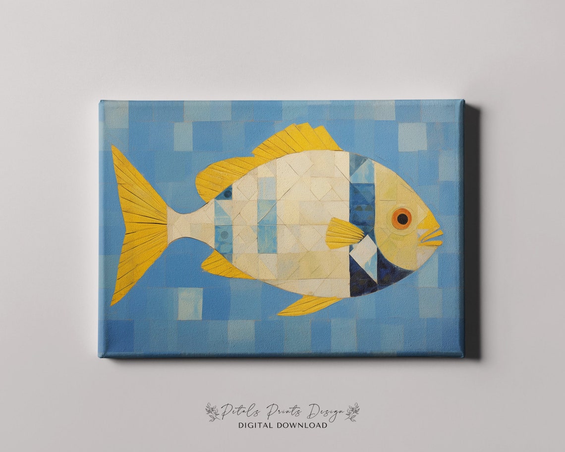 Modern Yellow Blue Geometric Mosaic Fish Tile Coastal Art Poster - Image 4
