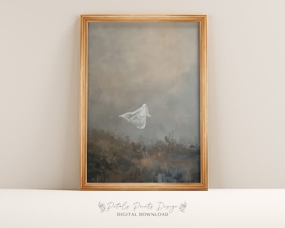 Minimalist Floating Ghost Foggy Field Neutral Halloween Art Print