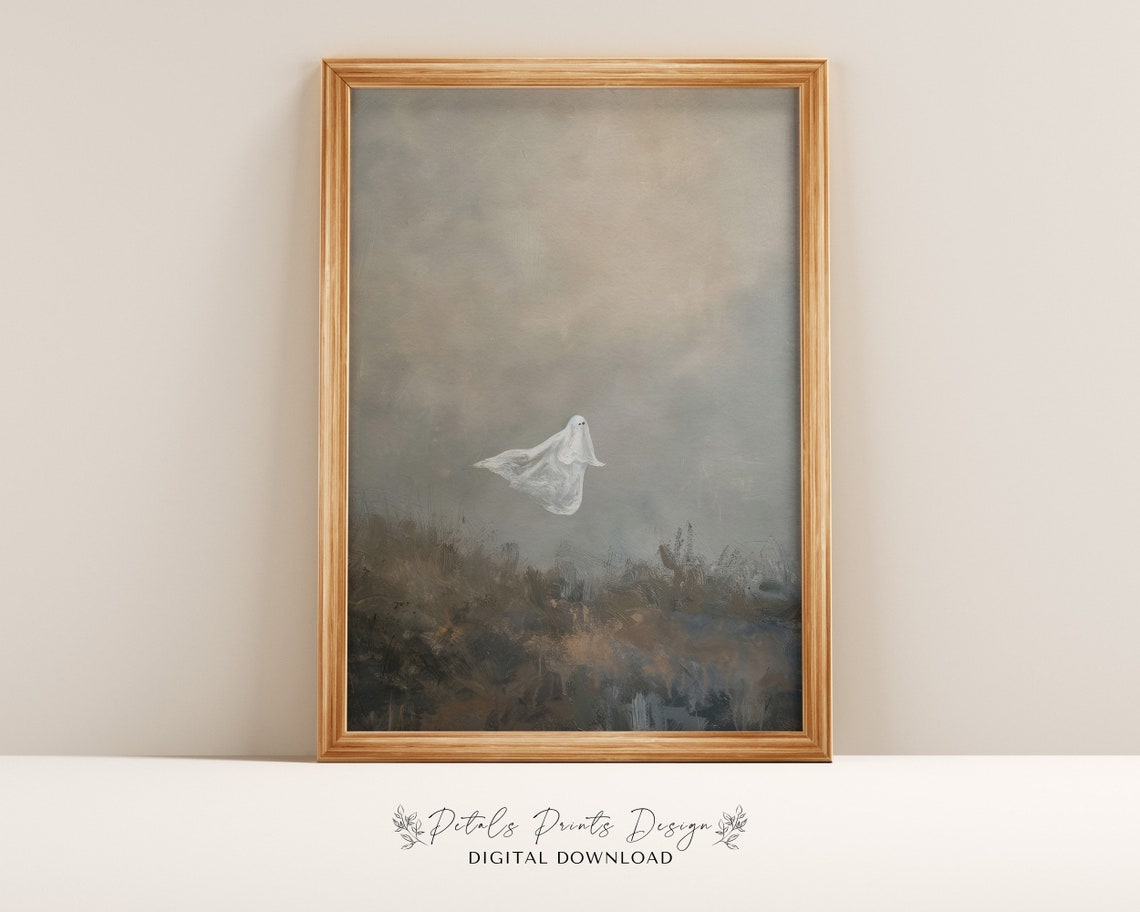 Minimalist Floating Ghost Foggy Field Neutral Halloween Art Print