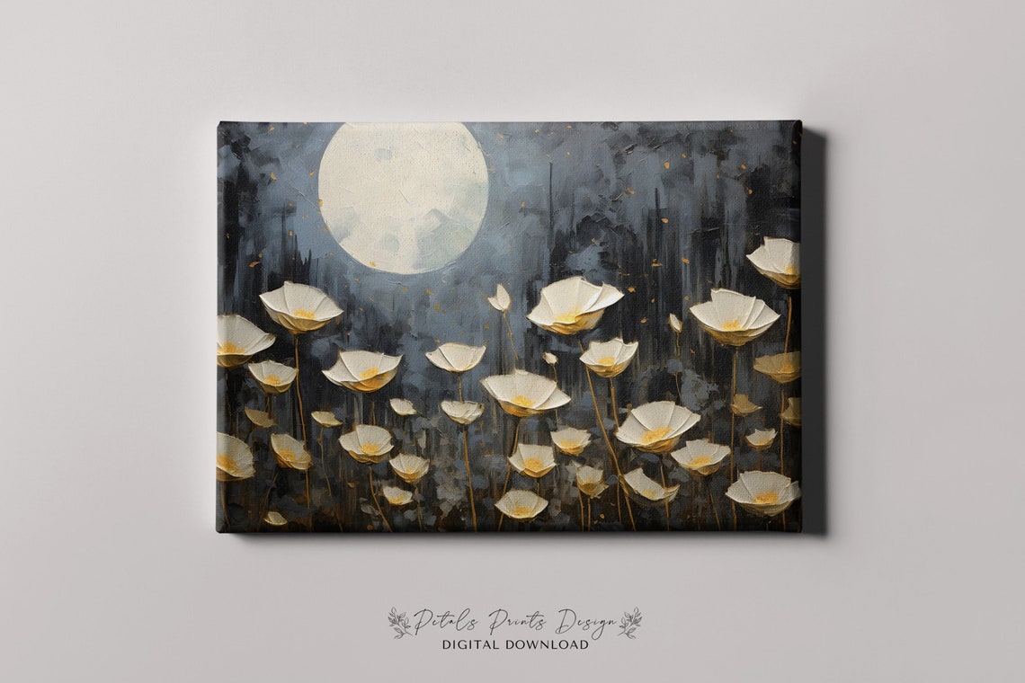White Poppies Under a Full Moon Dark Night Floral Scene Poster - Image 4