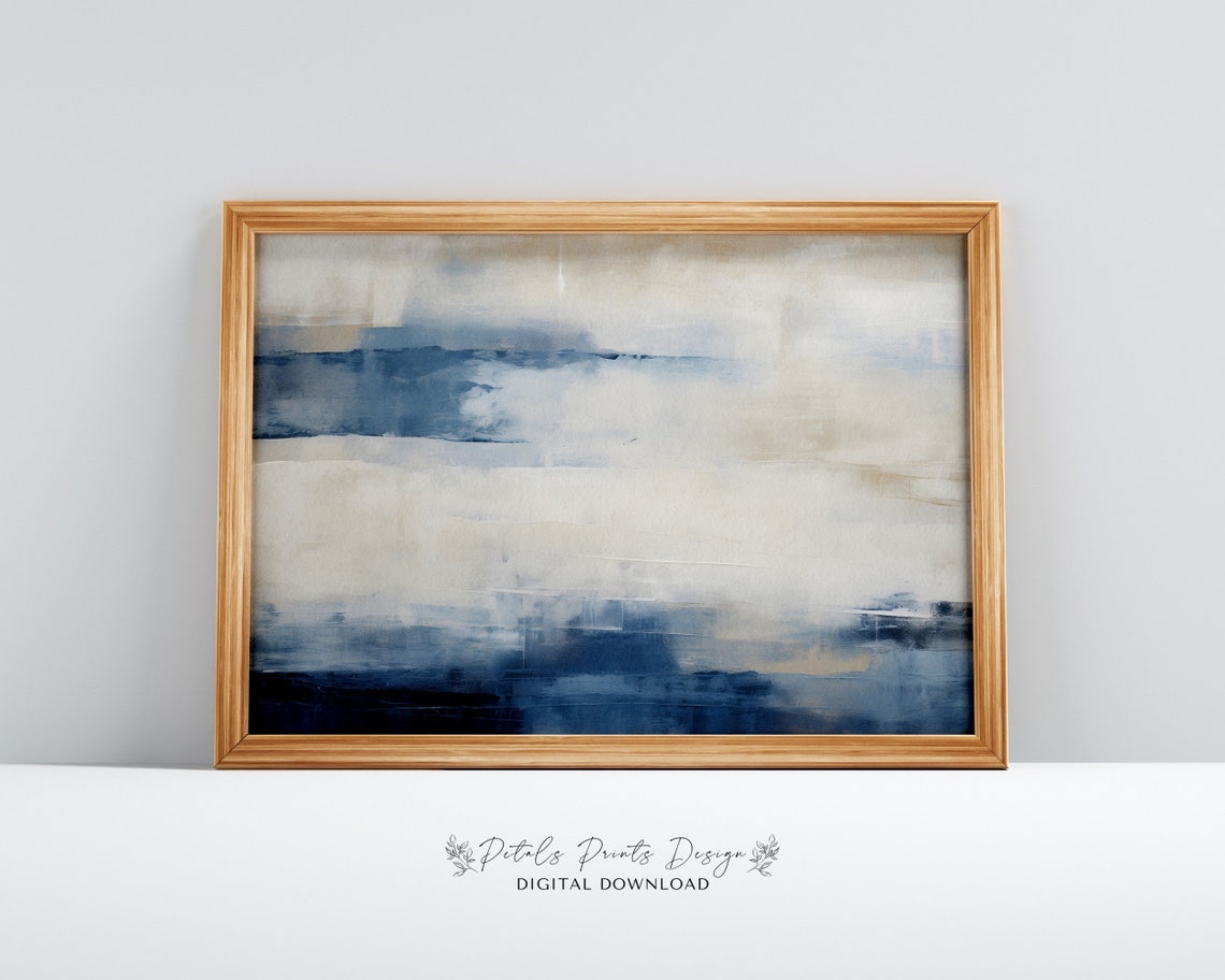 Blue White Horizontal Abstract Waves Modern Coastal Wall Poster