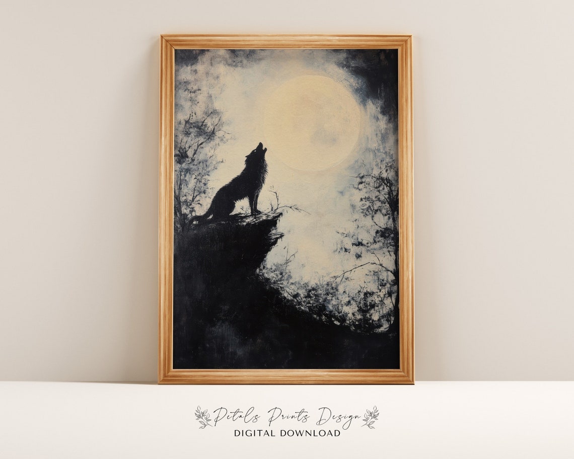 Lone Wolf Howling At Moonlit Cliff Vintage Style Painting Poster
