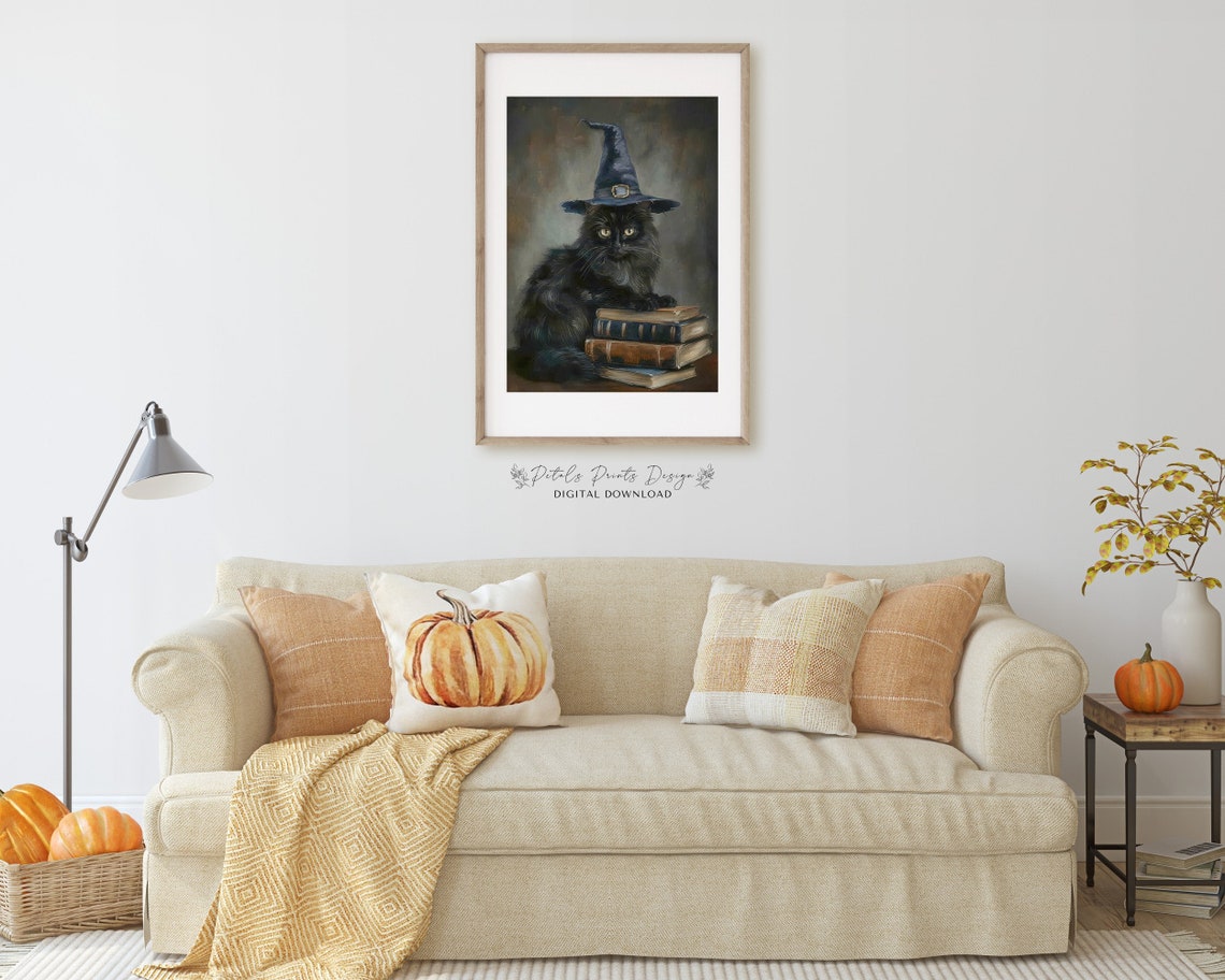 Black Cat Witch Hat Portrait On Antique Books Halloween Poster - Image 2