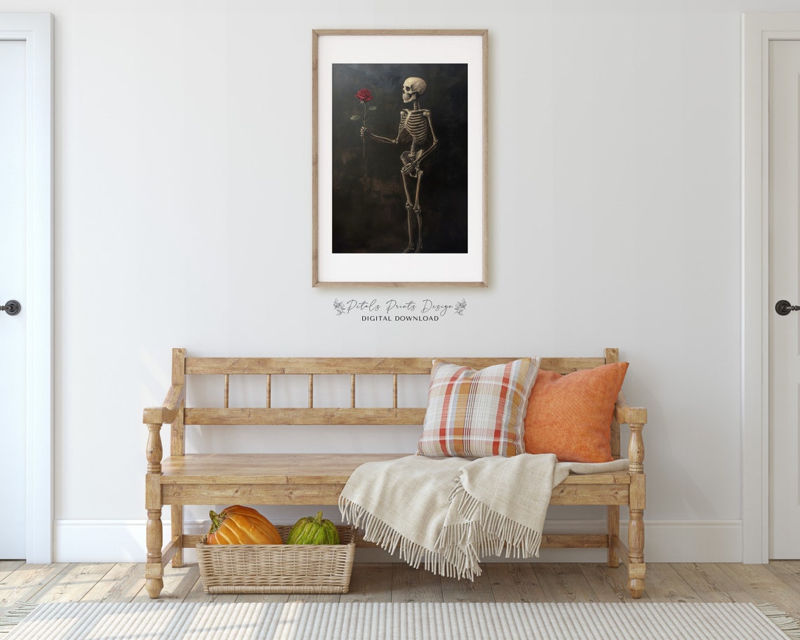 Skeleton Offering Red Rose Romantic Gothic Halloween Painting Poster - Image 3