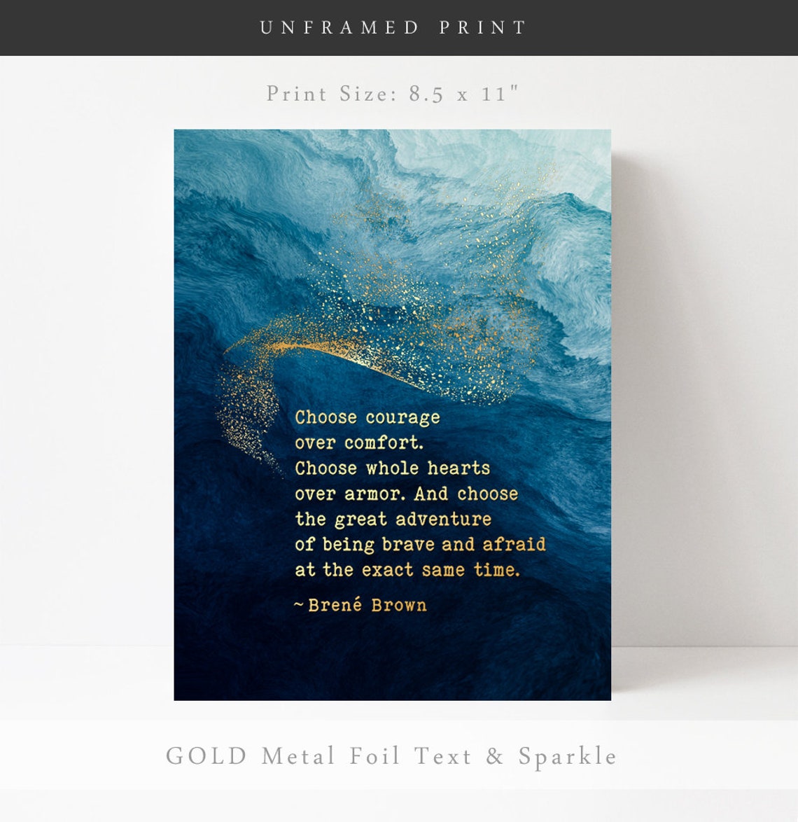 Choose Courage Over Comfort Brene Brown Blue Wave Watercolor Wall Art - Image 3