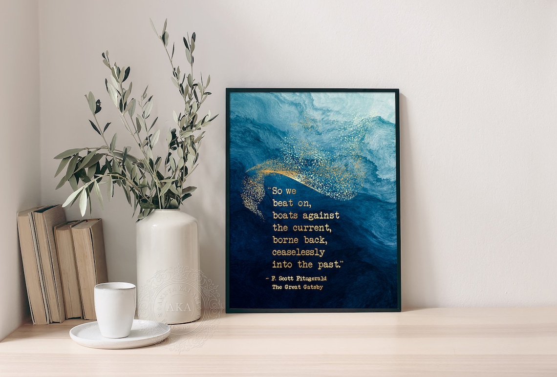 So We Beat On Great Gatsby Quote Blue Watercolor Literary Wall Poster - Image 4