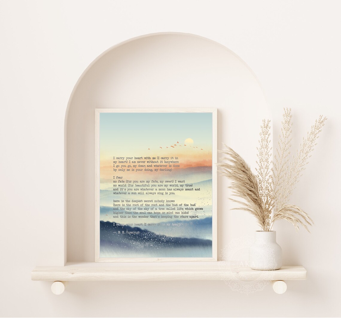 E E Cummings I Carry Your Heart Poem Sunset Mountain Watercolor Poster - Image 2