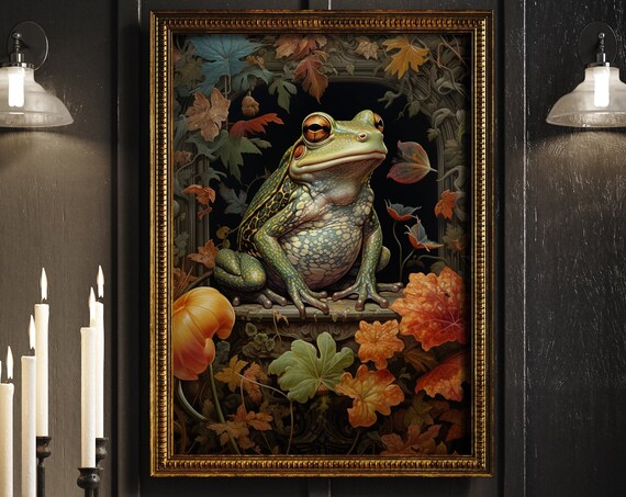Green Frog On Carved Ledge In Autumn Leaf Frame Vintage Poster