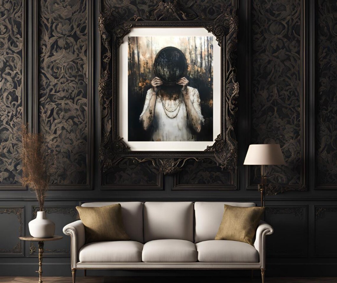 Moody Dark Academia Woman Holding Black Oval Mirror Witchy Gothic Poster - Image 3