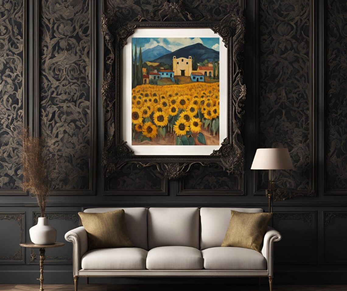 Rustic Sunflower Field With Village and Mountains Painting Poster - Image 3