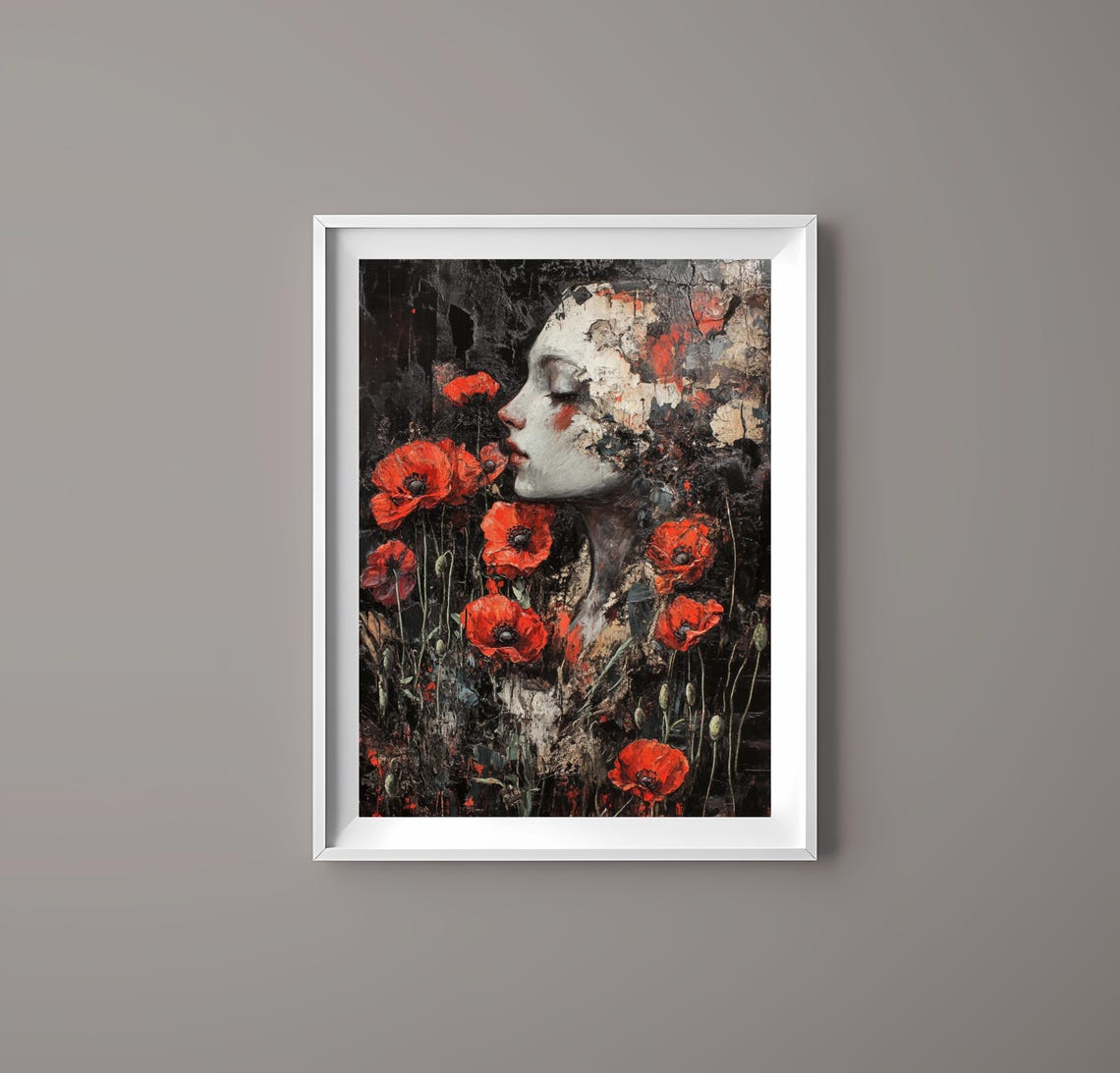 Abstract Floral Art Woman And Red Poppies In Textured Design Bold Wall Art - Image 3
