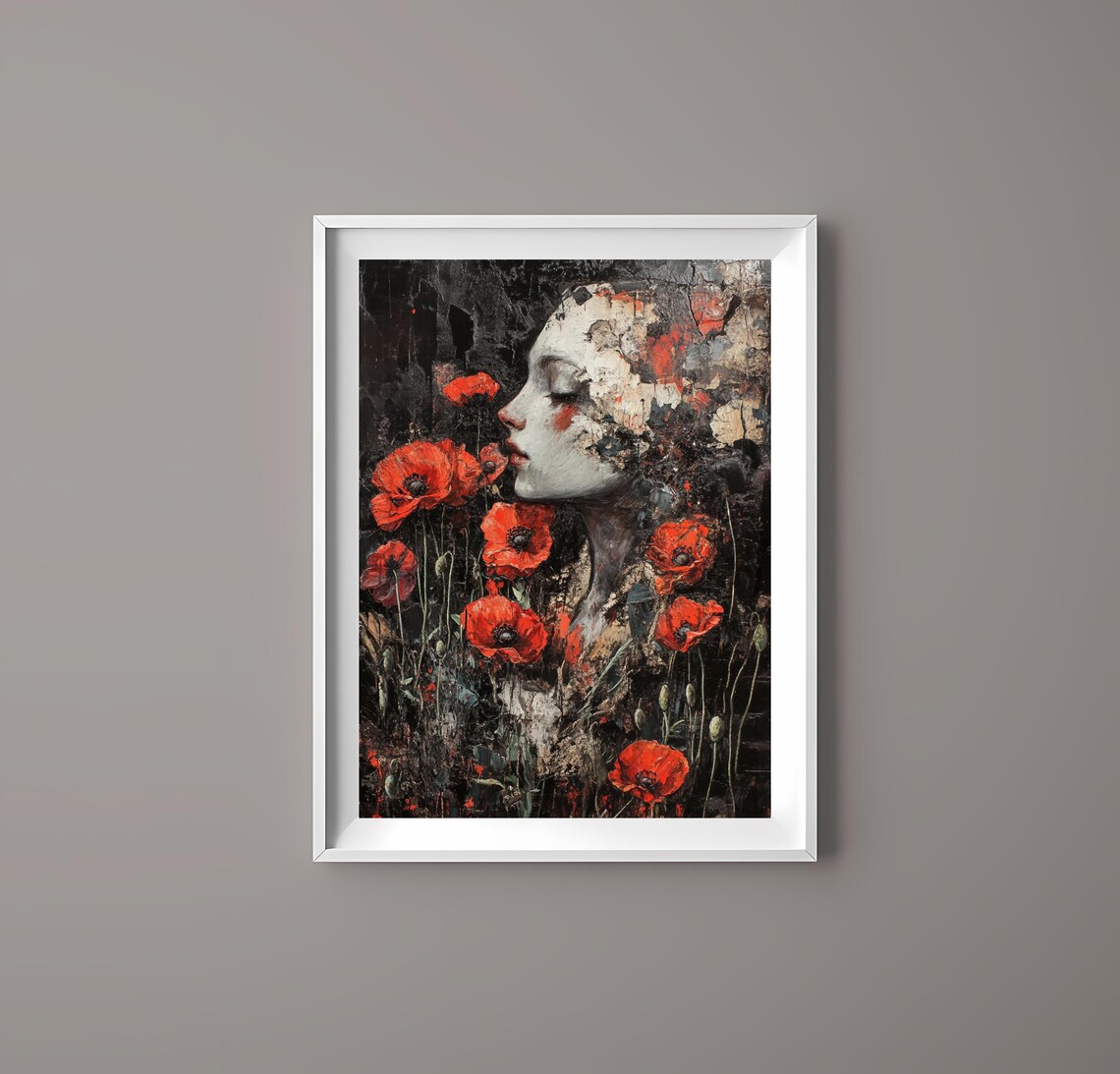 Bold Abstract Woman with Red Poppies Textured Floral Art Poster - Image 3