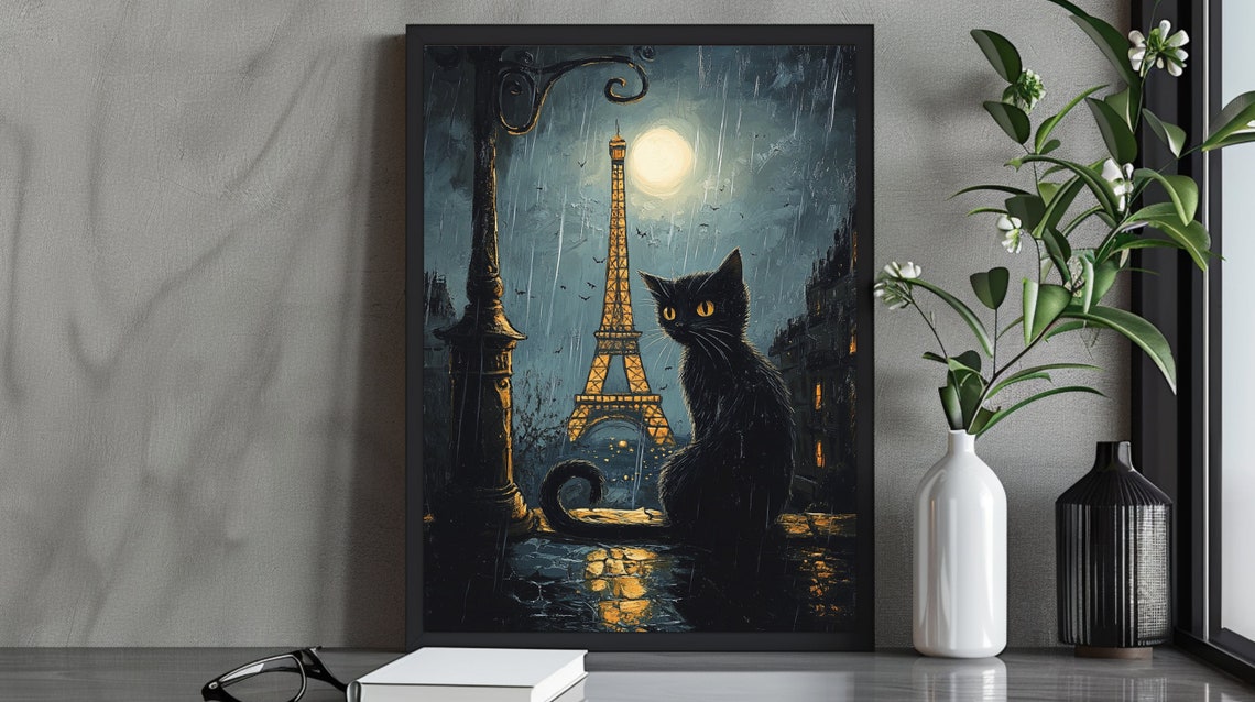 Black Cat Eiffel Tower Rainy Paris Night Noir Romantic Art Poster - Image 4