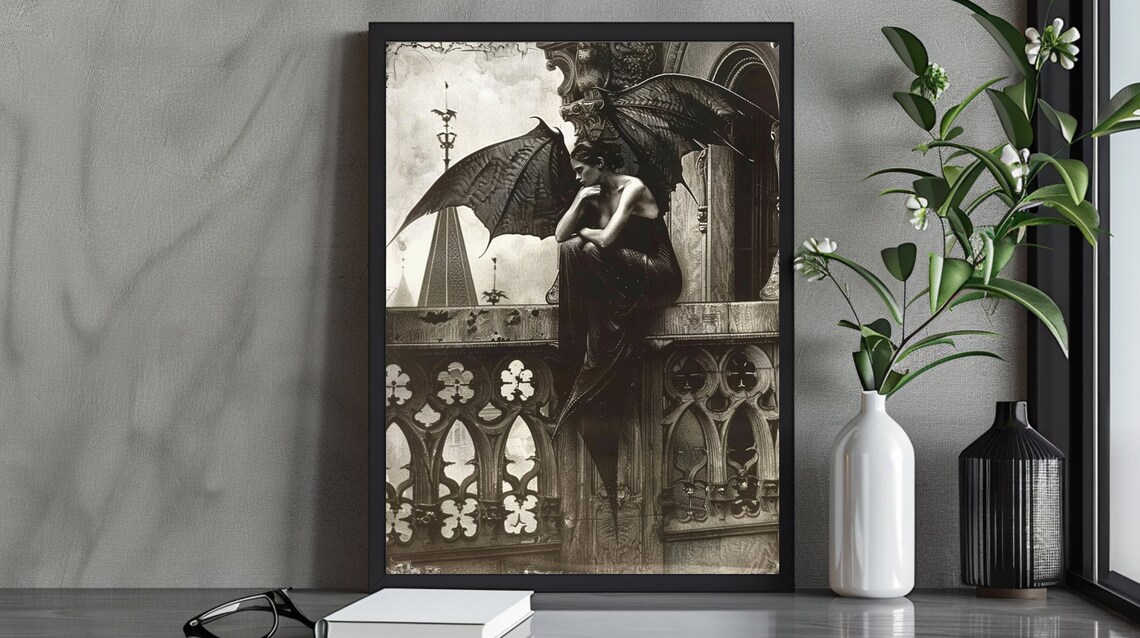Reflective Sepia Dark Angel Seated On Ornate Gothic Balcony Tower Poster