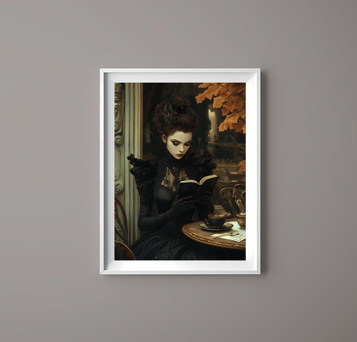 Gothic Lady Reading Book With Tea Vintage Autumn Cafe Art Poster - Image 4