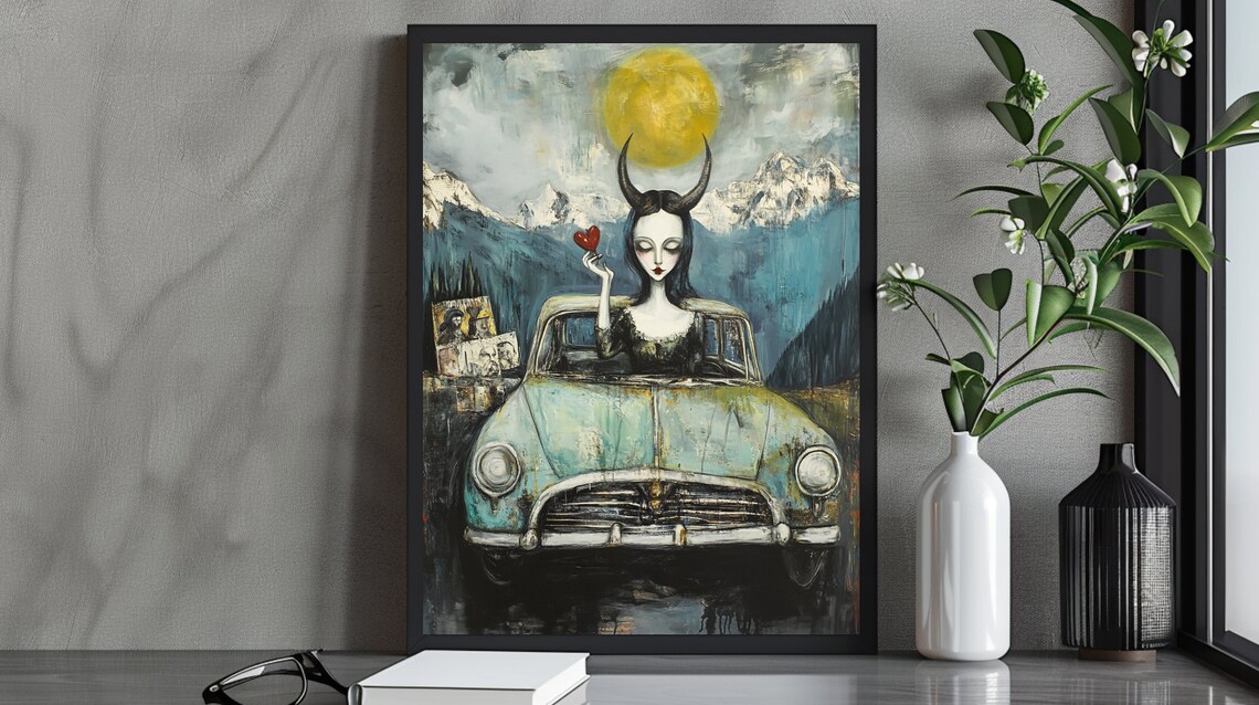Horned Woman with Heart Behind Vintage Car Mountain Moon Art Poster