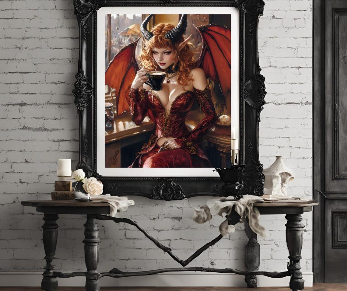 Fantasy Demon Woman Art Red Horned Beauty With Coffee Gothic Wall Decor Gift For Fantasy Lovers - Image 4