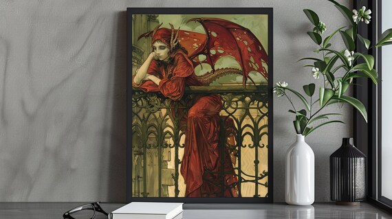 Gothic Red Dragon Art Print Enigmatic Winged Woman In Red Robe Dark Fantasy Wall Art Mysterious Gothic Decor