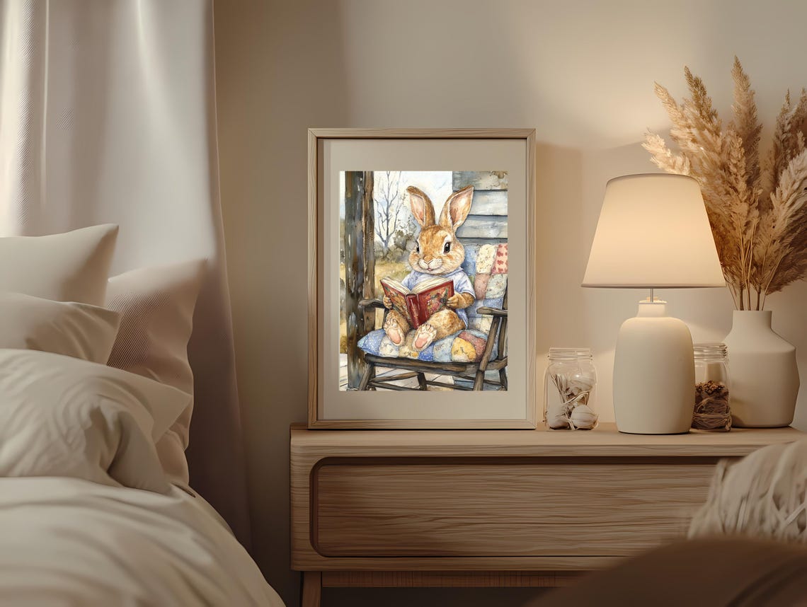 Adorable Rabbit Reading Book Rocking Chair Farmhouse Animal Poster