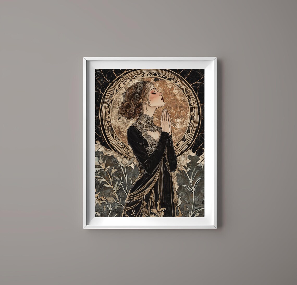 Art Nouveau Woman In Prayer Ornate Golden Halo Elegant Art Poster