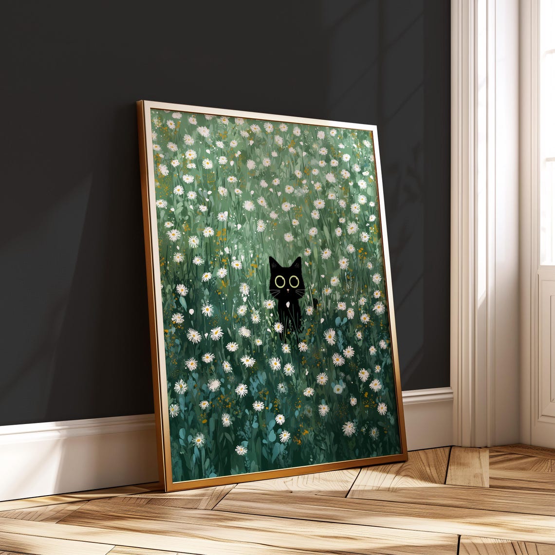 Black Cat And Daisies Poster Set 5 Wall Art Prints Whimsical Floral Decor Kit