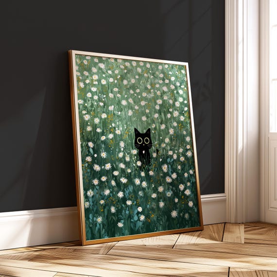 Black Cat And Daisies Poster Set 5 Wall Art Prints Whimsical Floral Decor Kit