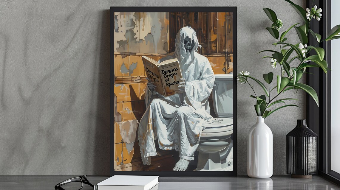 Ghost Reading Darwin's Origin of Species on the Toilet Poster