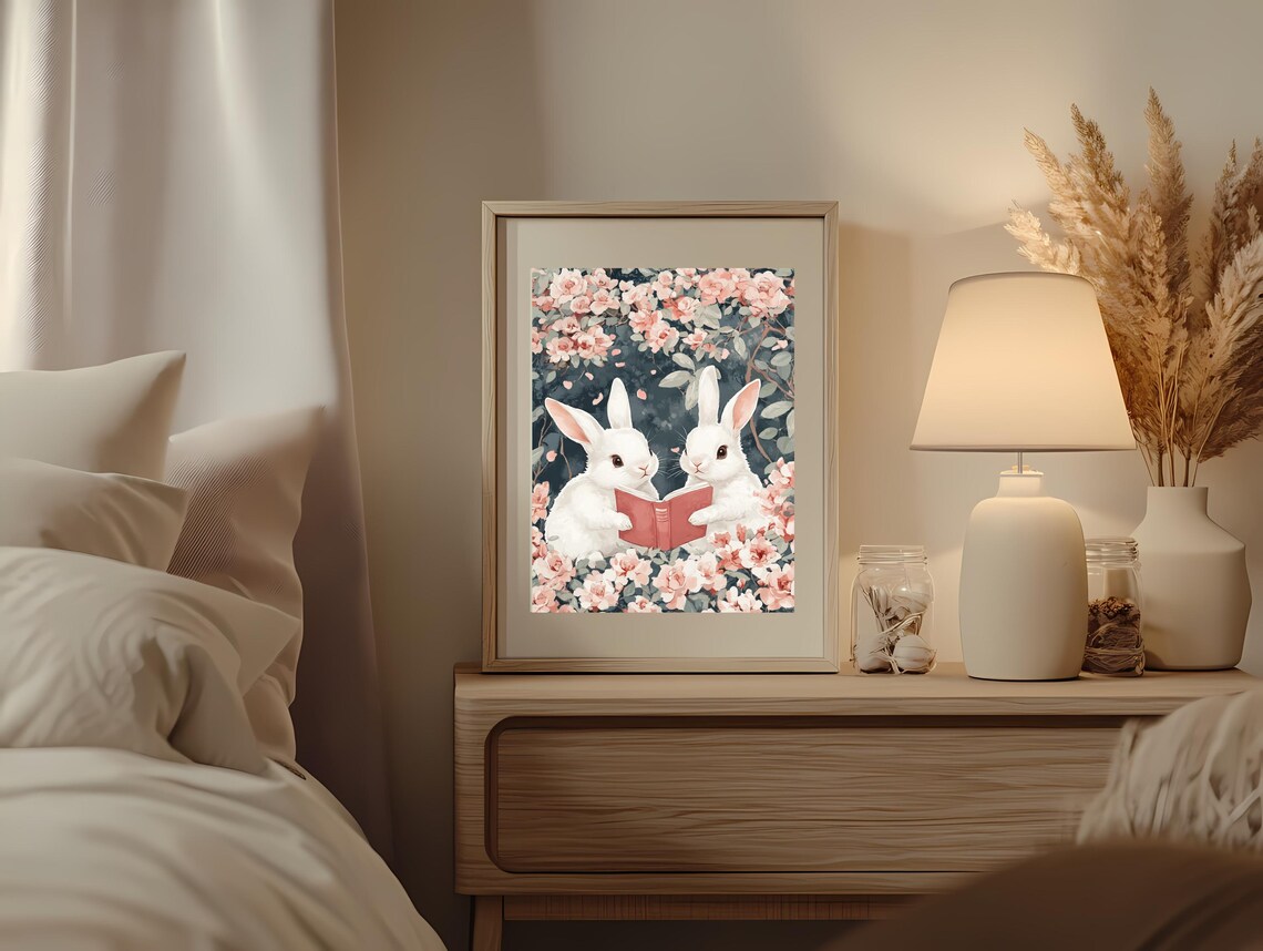 Two White Bunnies Reading Red Book Pink Blossoms Cute Animal Poster - Image 2