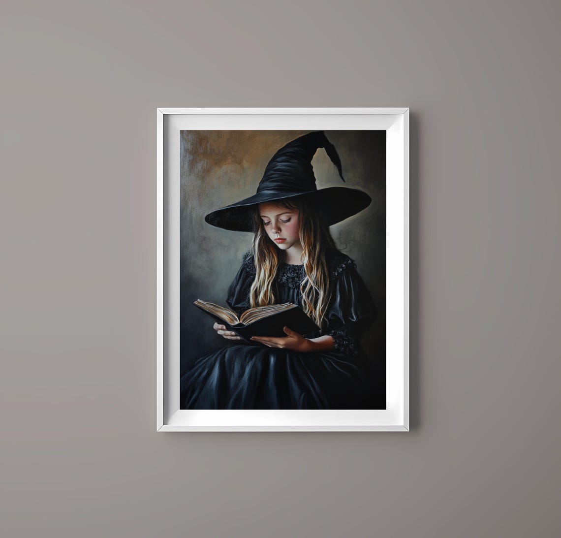 Enchanting Art Little Girl In Witch Hat Reading Magical Wall Art