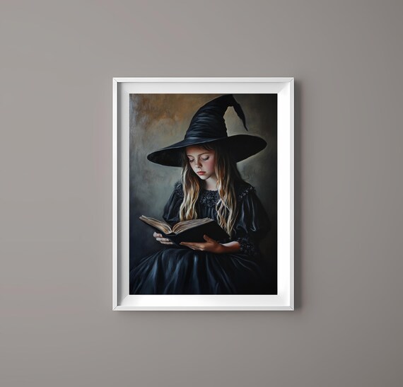 Enchanting Art Little Girl In Witch Hat Reading Magical Wall Art