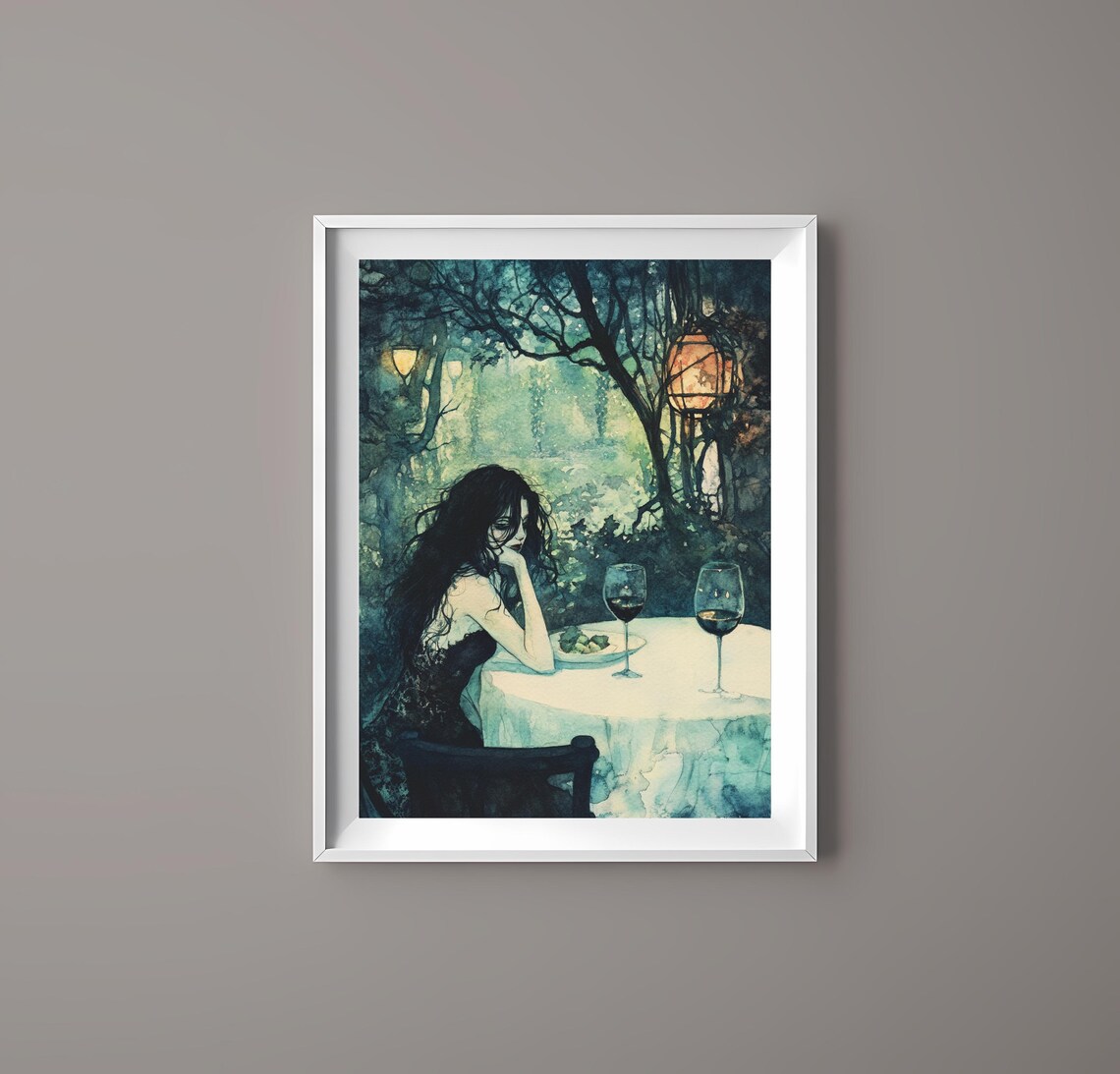 Romantic Woman Dining Alone Lantern Lit Garden Night Art Poster - Image 3