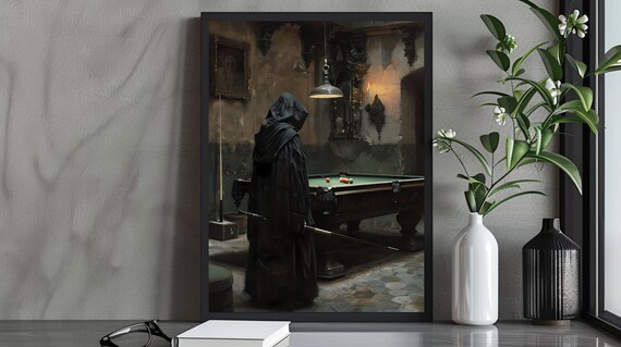 Dark Hooded Figure Playing Pool in an Old Billiard Hall Poster