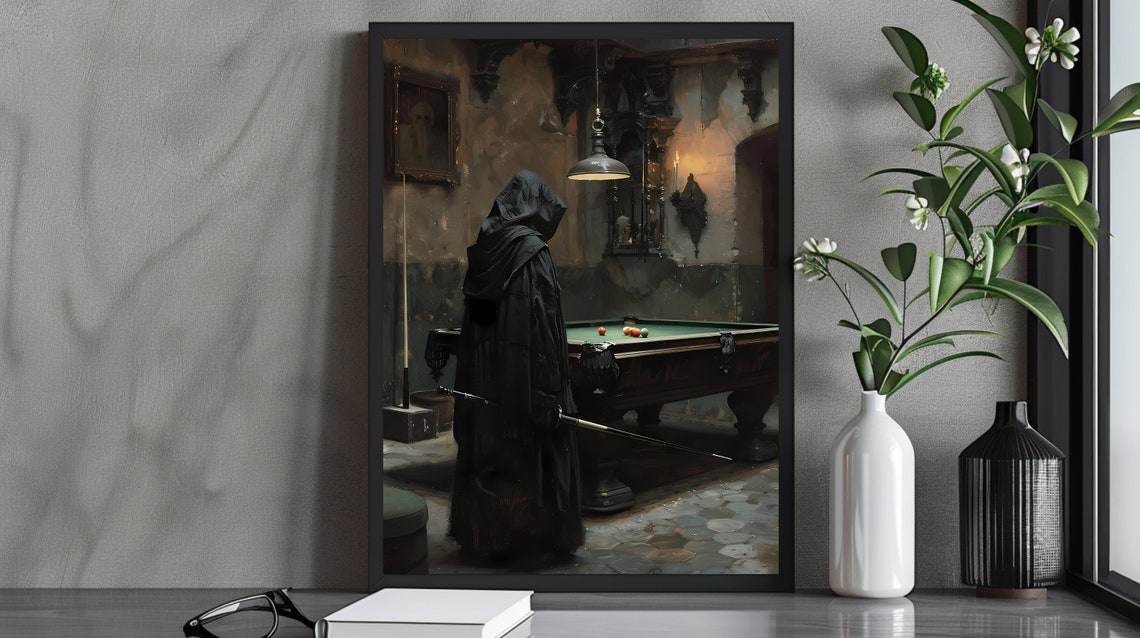 Dark Hooded Figure Playing Pool in an Old Billiard Hall Poster