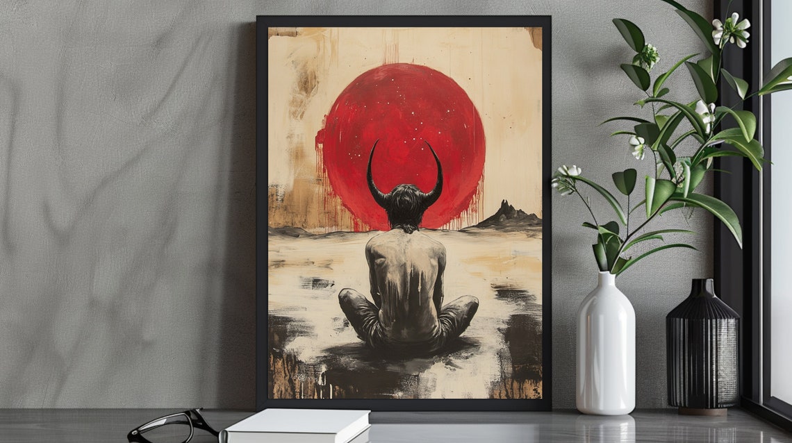 Dark Fantasy Surreal Horned Figure Art Print Blood Red Sun Conceptual Artwork Gothic Minimalist Decor Mystical Wall