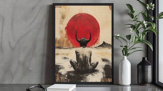 Dark Fantasy Surreal Horned Figure Art Print Blood Red Sun Conceptual Artwork Gothic Minimalist Decor Mystical Wall