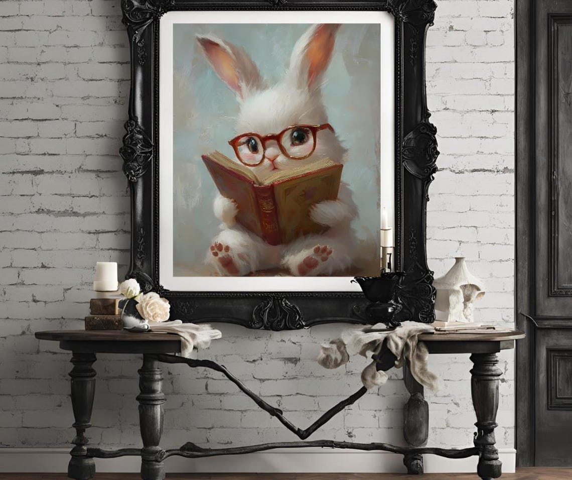 Cute Bunny With Glasses Reading Book Whimsical Nursery Art Poster - Image 4
