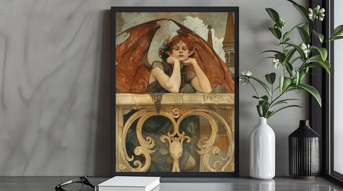 Gothic Red Winged Demon Girl Art Print Enigmatic Fantasy Portrait On Ornate Balcony Mysterious Gothic Wall Art Ethereal Decor
