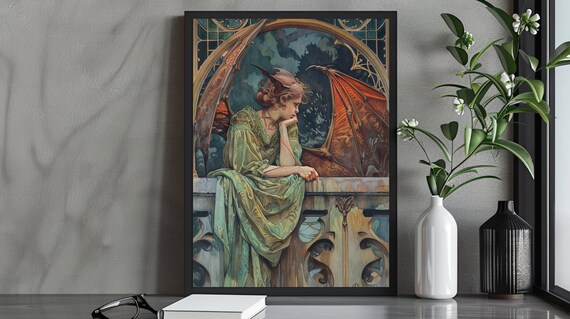 Whimsical Gothic Art Print Daydreaming Fairy With Dragon Fantasy Balcony Scene Elegant Gothic Decor Mystical Wall Art