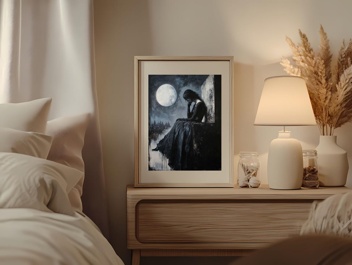 Gothic Woman Under Full Moon Night Ledge Dark Melancholy Art Poster - Image 3