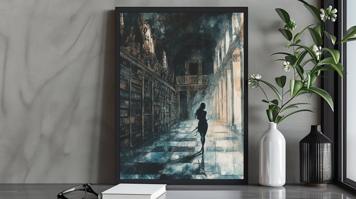 Shadowy Warrior In Library Art Print Dark Fantasy Mysterious Swordfighter Decor Gothic Enchanted Wall Art
