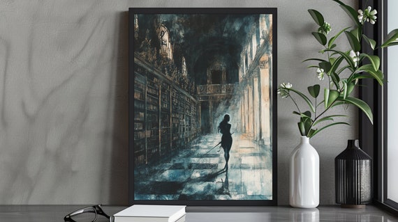 Shadowy Warrior In Library Art Print Dark Fantasy Mysterious Swordfighter Decor Gothic Enchanted Wall Art