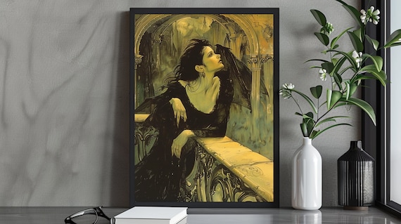 Mysterious Winged Woman Leaning on Balcony Golden Green Art Poster