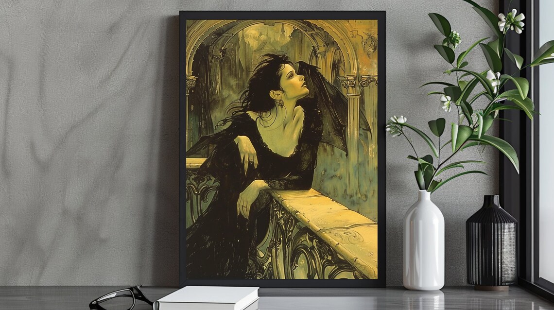 Mysterious Winged Woman Leaning on Balcony Golden Green Art Poster