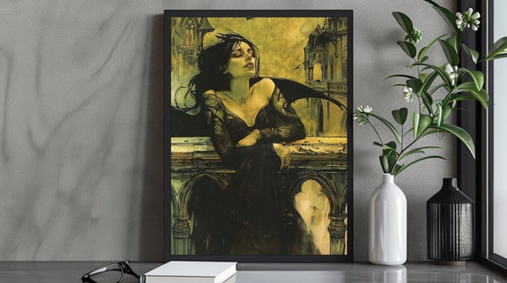 Gothic Fantasy Art Print Enigmatic Dark Angel On Gothic Balcony Mystical Gothic Decor Atmospheric Dark Fantasy Wall Art
