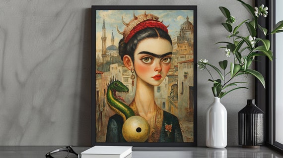 Frida Kahloinspired Art Print With Serpent Surreal Mexican Portrait Unique Cultural Wall Latin Fantasy Decor